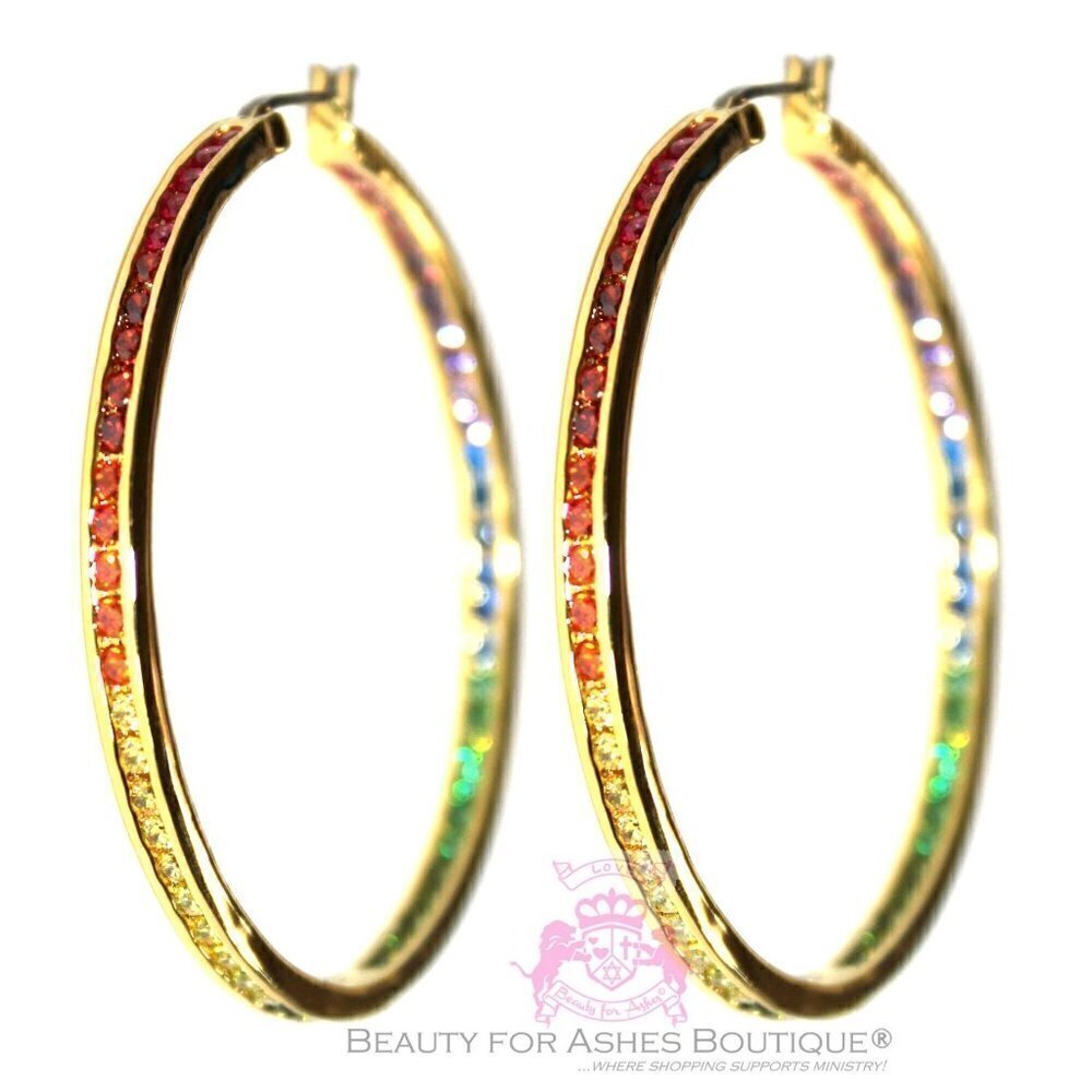 Women Gods Promise 2" Hoop Rainbow Cubic Zirconia Glam Earrings Gala Gold Plated